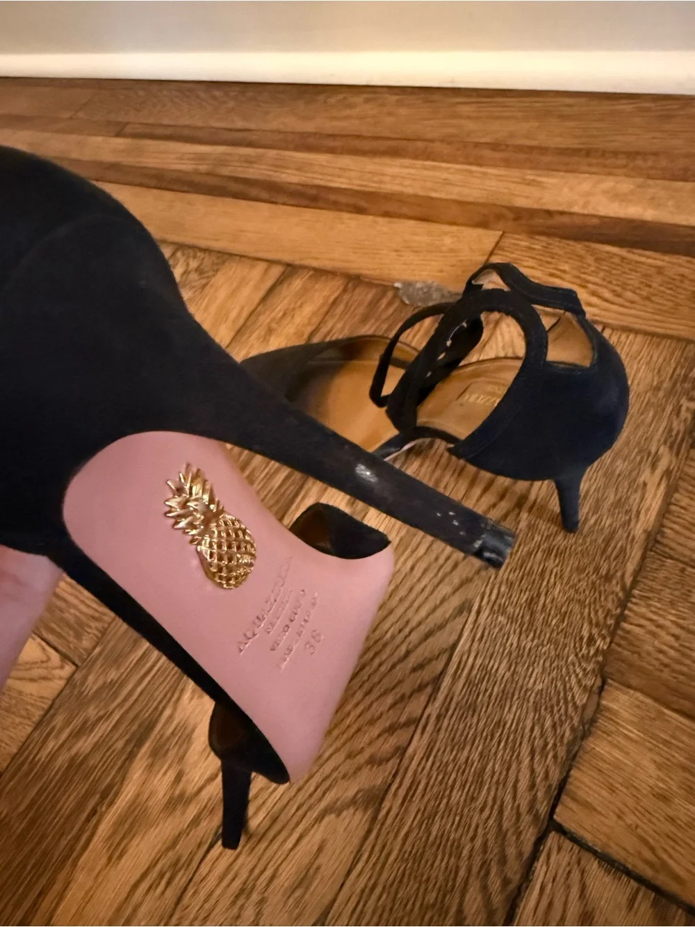 Aquazzura Black Suede Pointed-Toe d’Orsay Stiletto Heels with Ankle Tie